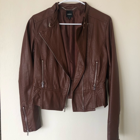 Express Brown Vegan Faux Leather Peplum Jacket - Picture 2 of 6